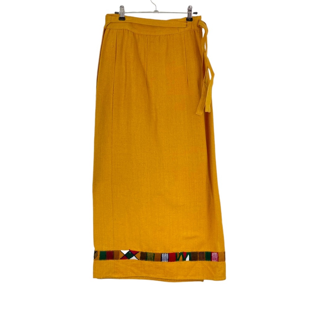 VINTAGE Mustard Yellow Wrap Style Maxi Skirt w/ Guatemalan Textile Trim